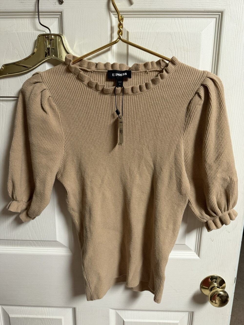 Express Brown Ribbed Pullover High Neck Top Puff Sleeve Ruffle Small 32x23 New